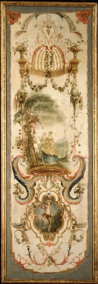 September and October (part of a set illustrating the months of the year), Follower of Antoine Watteau (French, Valenciennes 1684–1721 Nogent-sur-Marne), Oil on canvas; wood frame, painted yellow and gilded, French