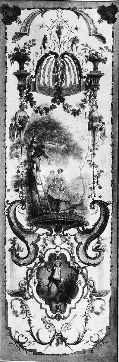 September and October (part of a set illustrating the months of the year), Follower of Antoine Watteau (French, Valenciennes 1684–1721 Nogent-sur-Marne), Oil on canvas; wood frame, painted yellow and gilded, French