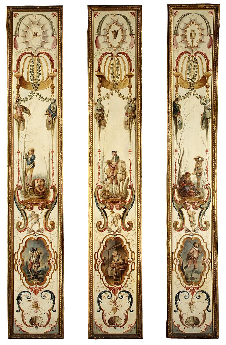 March and April (part of a set illustrating the months of the year), Follower of Antoine Watteau (French, Valenciennes 1684–1721 Nogent-sur-Marne), Oil on panel; wood frame, painted yellow and gilded, French