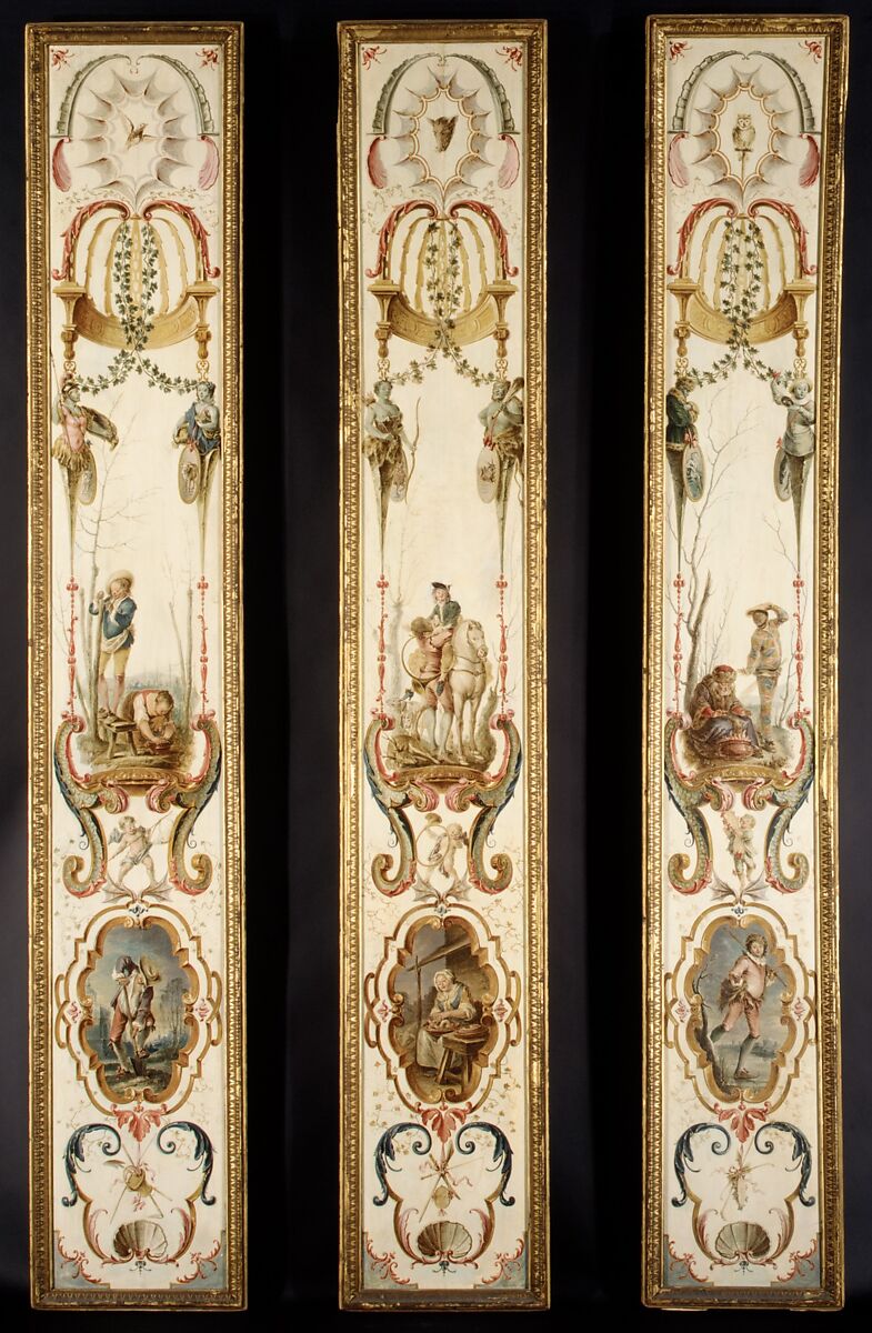 March and April (part of a set illustrating the months of the year), Follower of Antoine Watteau (French, Valenciennes 1684–1721 Nogent-sur-Marne), Oil on panel; wood frame, painted yellow and gilded, French 