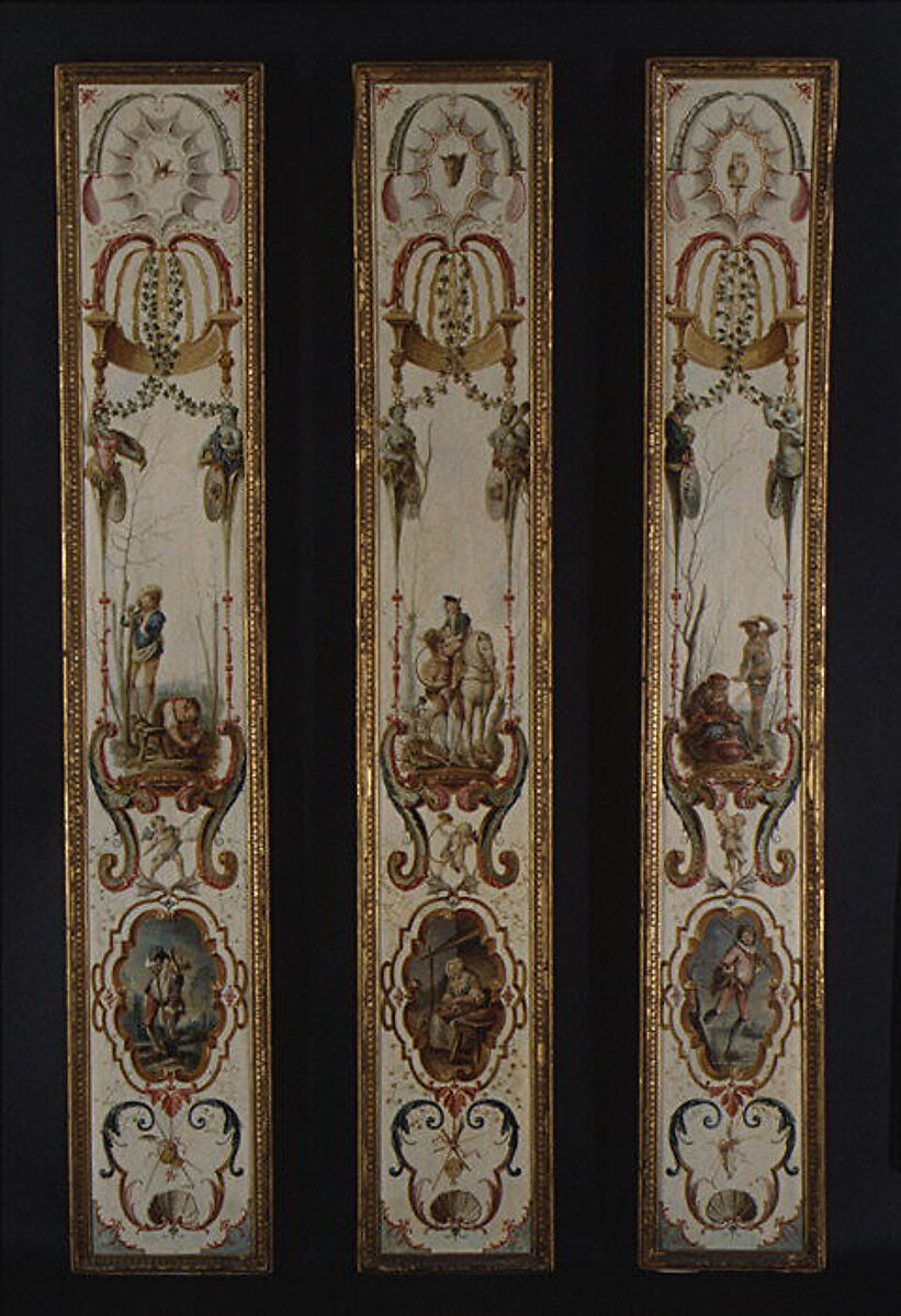 November and December (part of a set illustrating the months of the year), Follower of Antoine Watteau (French, Valenciennes 1684–1721 Nogent-sur-Marne), Oil on panel; wood frame, painted yellow and gilded, French