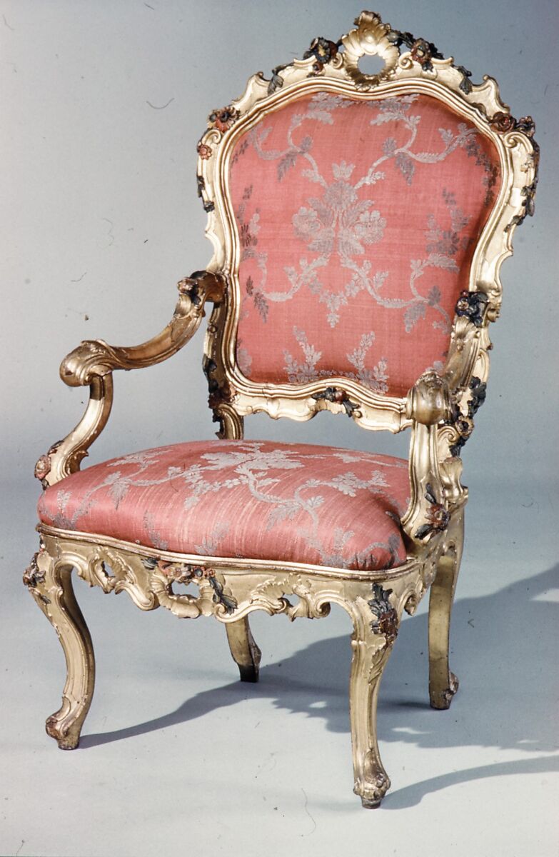 Armchair, Pine, carved, painted and gilded; velvet, Italian, Venice 