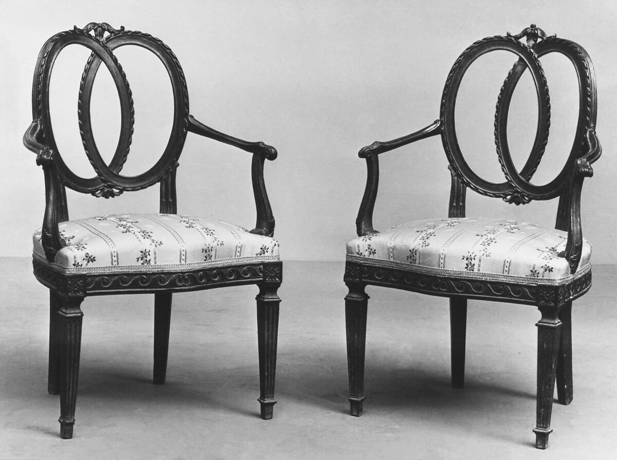 Pair of armchairs, Walnut, brocade, Northern Italian 