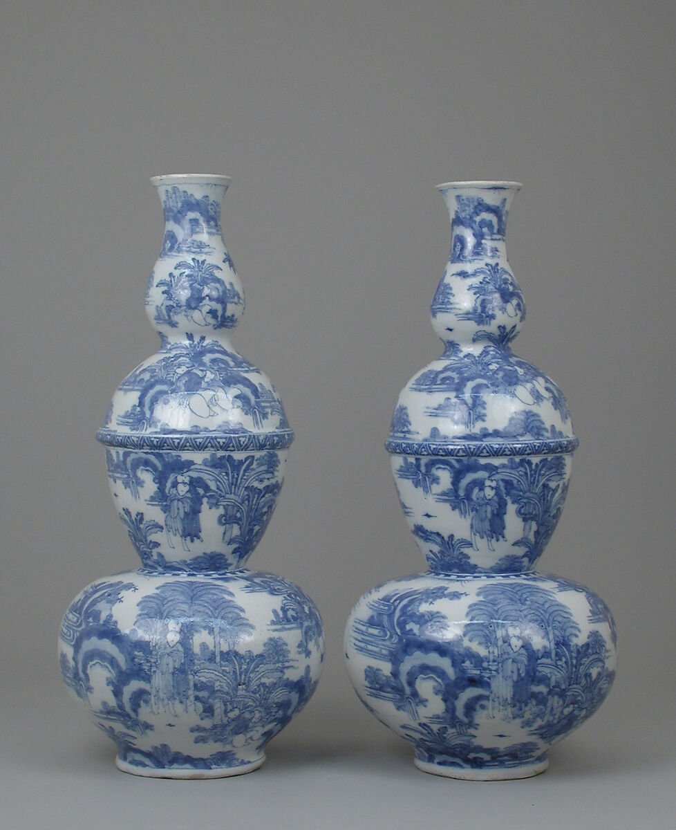 Pair of "triple-gourd" vases, Tin-glazed earthenware, Dutch, Delft