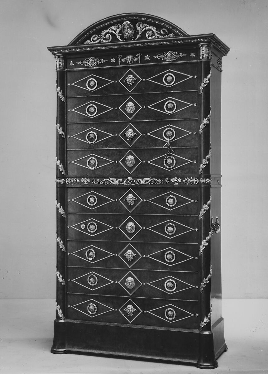 Secretary, Amboyna wood veneered on pine; gilt-bronze mounts, French