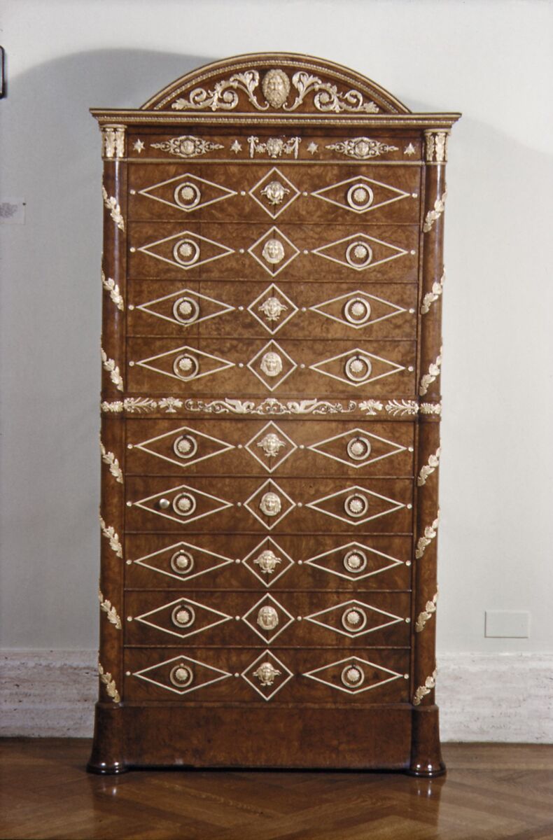 Secretary, Amboyna wood veneered on pine; gilt-bronze mounts, French 