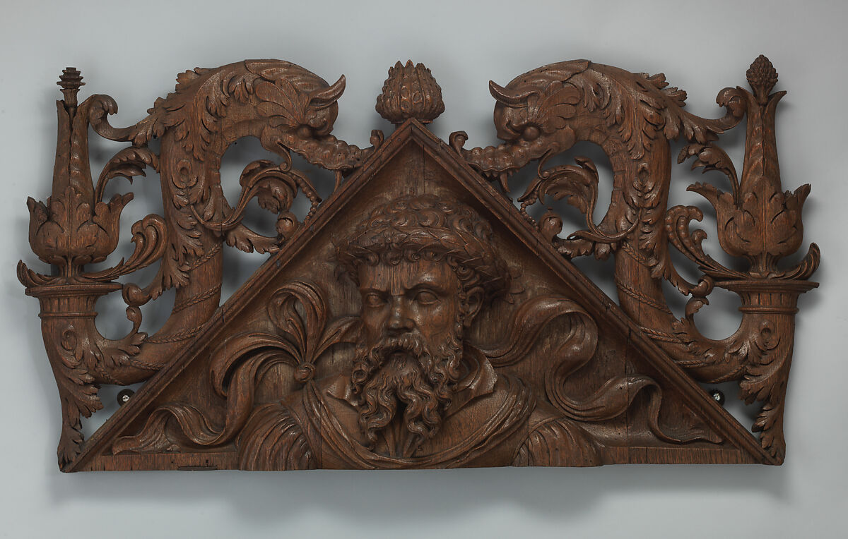 Pediment (one of a pair), Carved oak, French