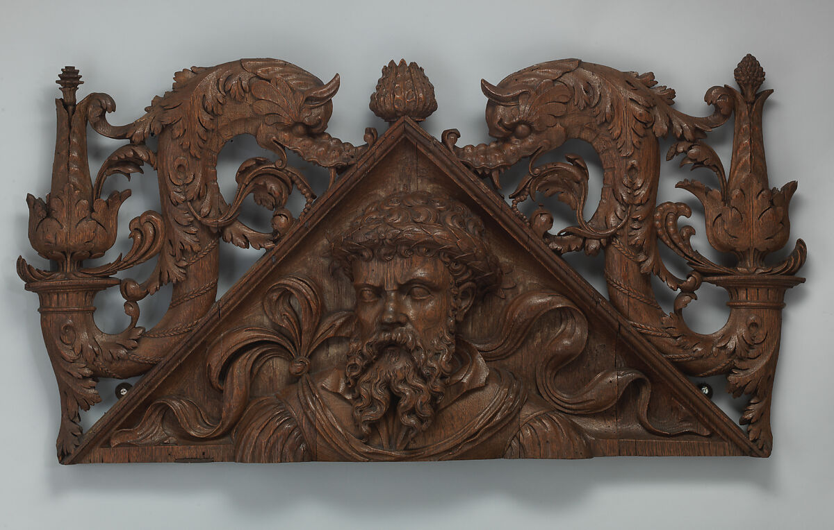 Pediment (one of a pair), Carved oak, French 