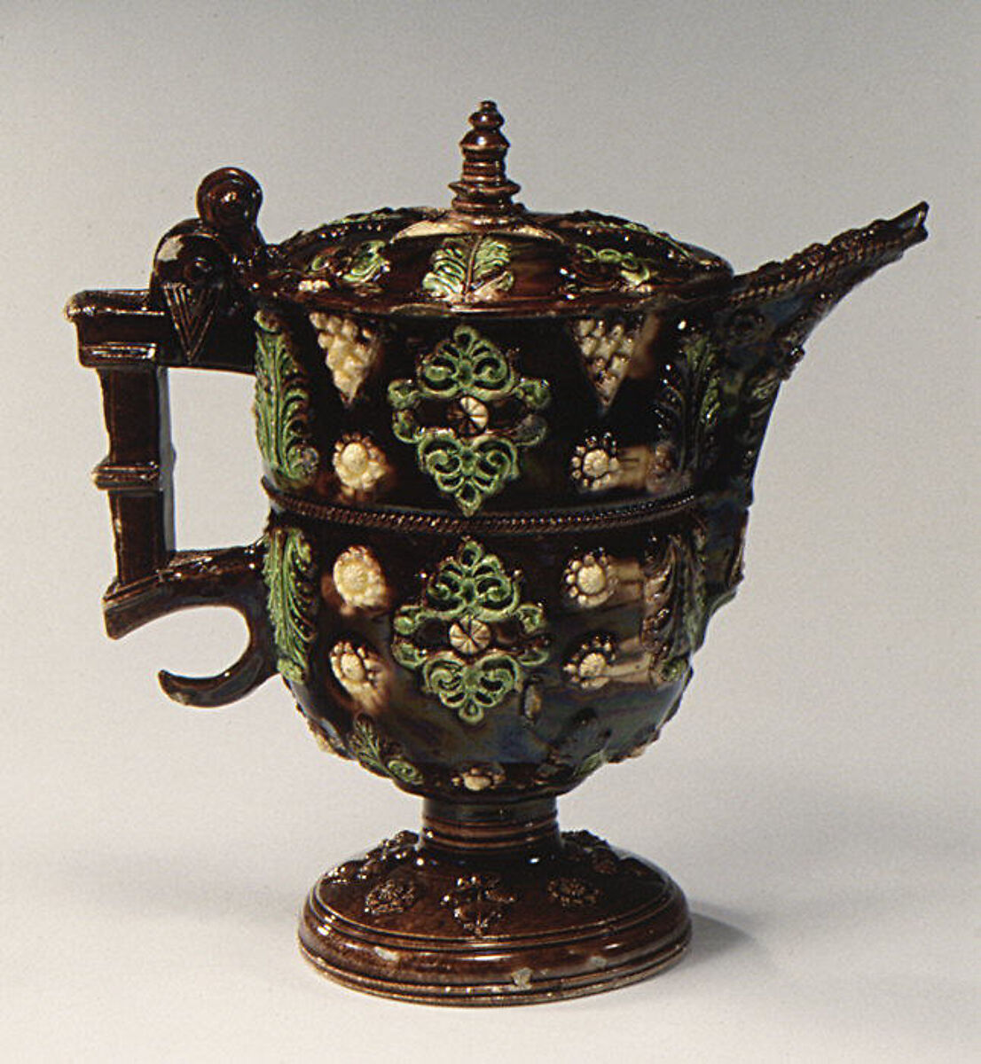 Rosewater jug, Lead-glazed earthenware, French, Avignon 
