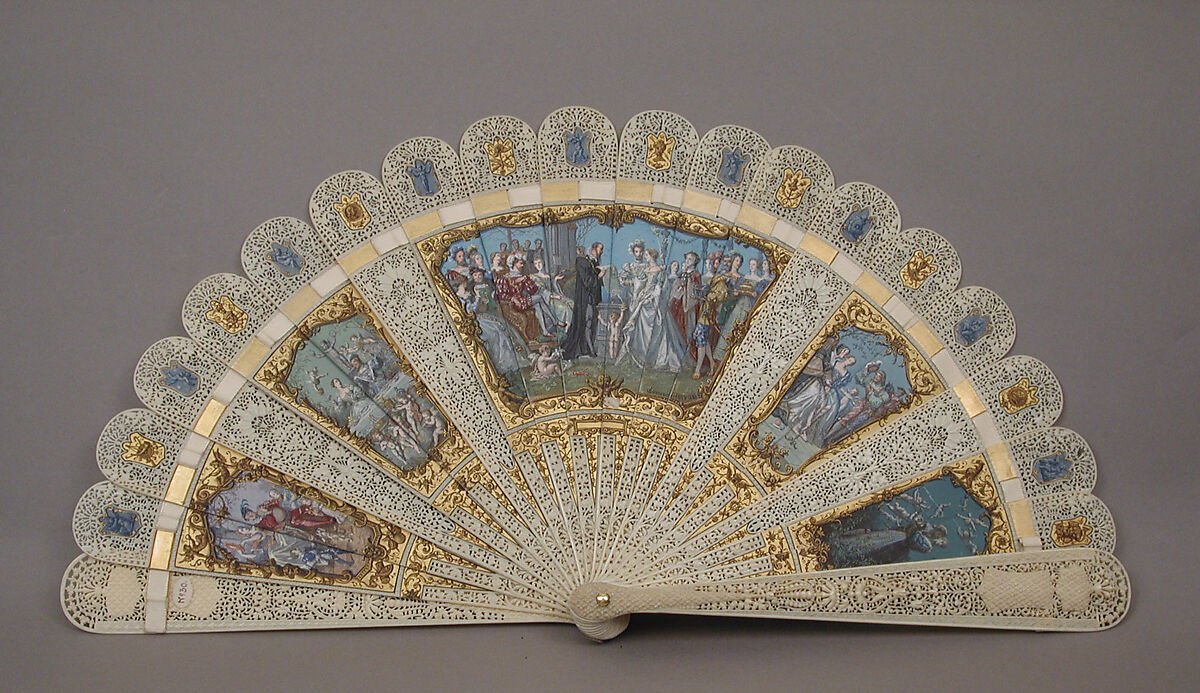 Fan, Edouard Moreau (French, 1825–1878), Ivory, paint, silk ribbon, French 