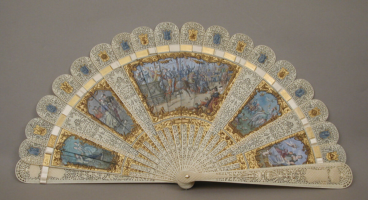 Fan, Edouard Moreau (French, 1825–1878), Ivory, paint, silk ribbon, French