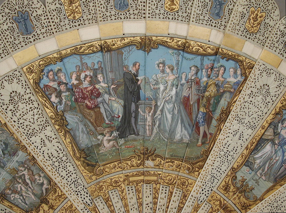Fan, Edouard Moreau (French, 1825–1878), Ivory, paint, silk ribbon, French