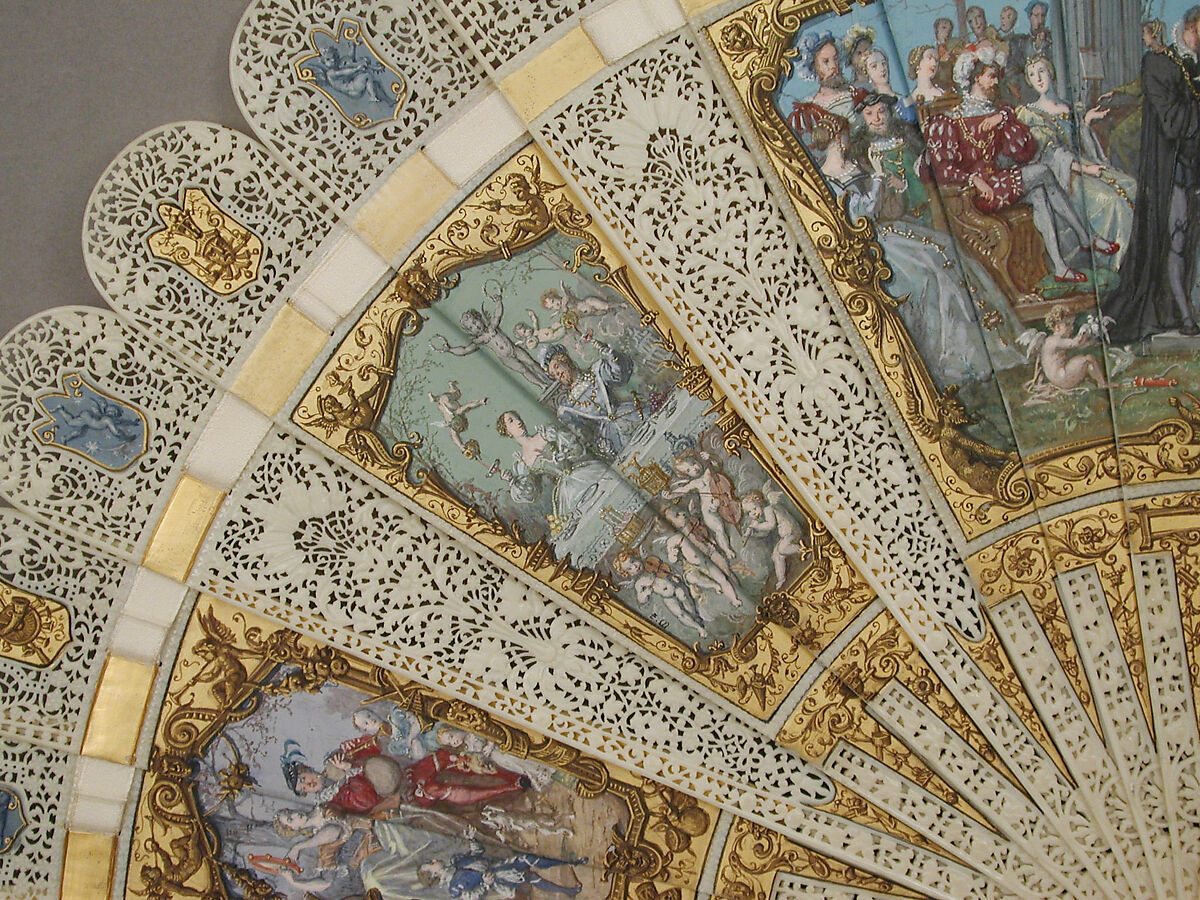 Fan, Edouard Moreau (French, 1825–1878), Ivory, paint, silk ribbon, French