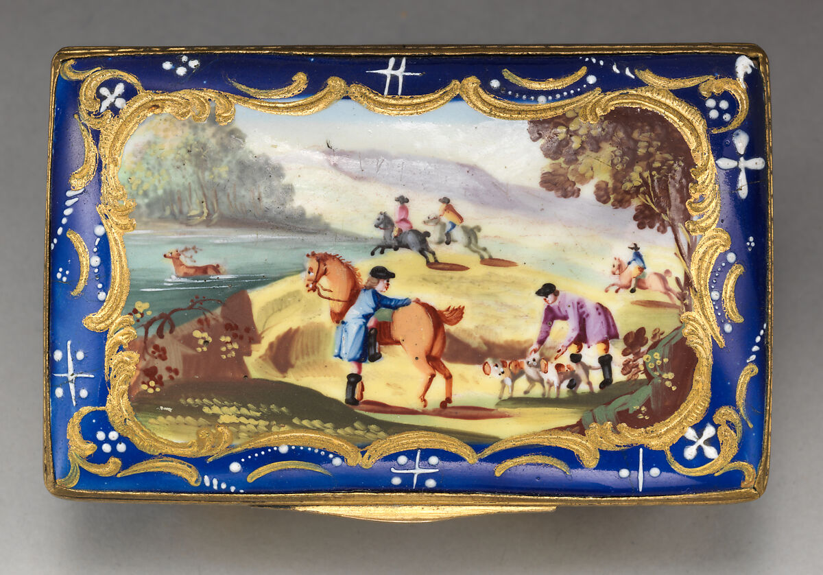 Snuffbox with stag hunt, Enamel on copper, British, South Staffordshire