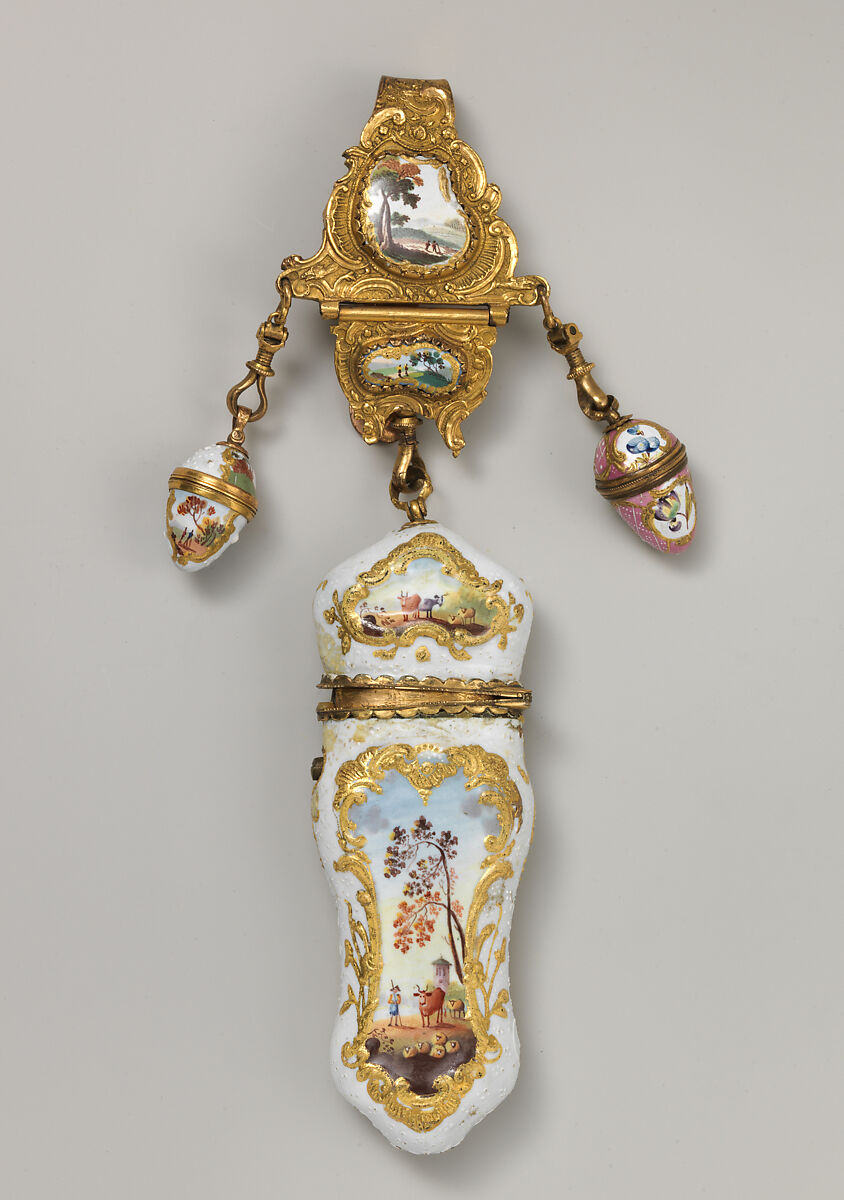 Nécessaire and châtelaine, Enameled copper, British, South Staffordshire