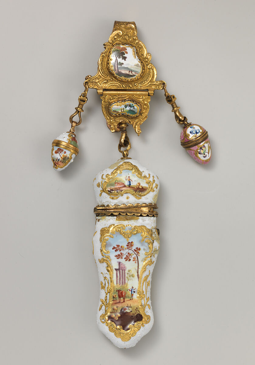 Nécessaire and châtelaine, Enameled copper, British, South Staffordshire