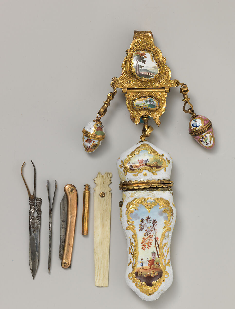 Nécessaire and châtelaine, Enameled copper, British, Staffordshire 