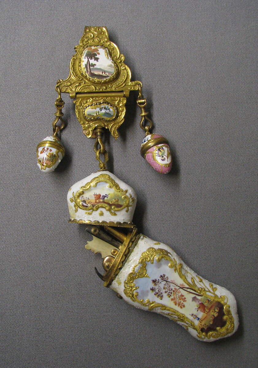 Nécessaire and châtelaine, Enameled copper, British, South Staffordshire