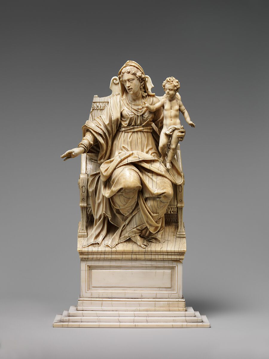 Virgin and Child Enthroned, Manner of Christoph Angermair (German, ca. 1580–1633), Ivory, German 