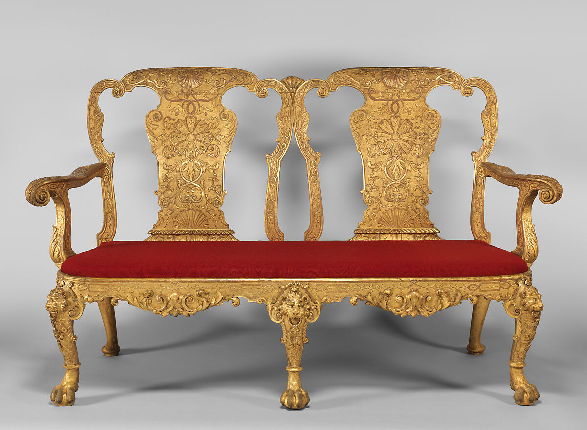 Settee, Benjamin Goodison  British, Gilded gesso on walnut; previously covered in eighteenth-century blue silk damask not original to the settee, British