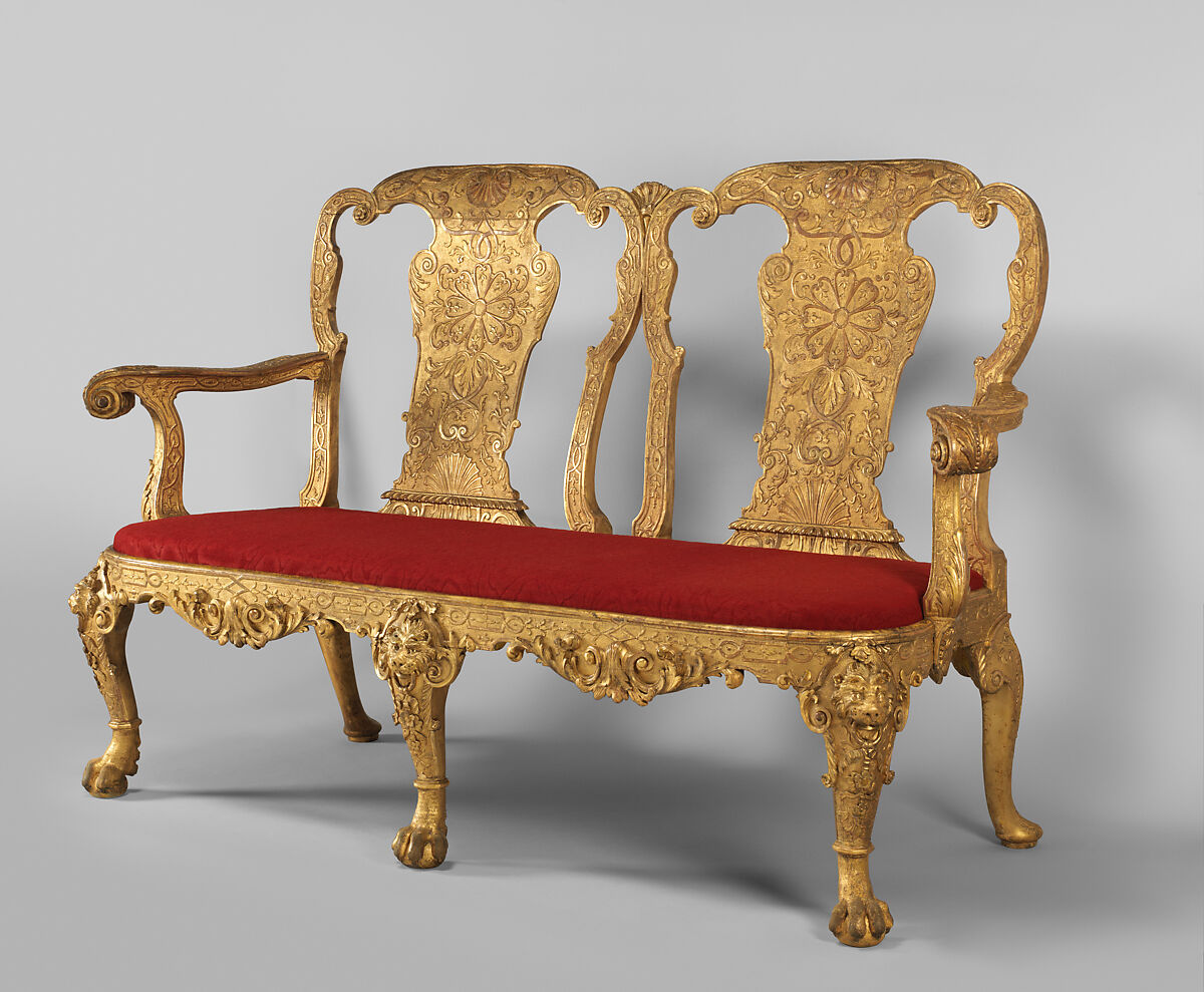 Settee, Possibly made by Benjamin Goodison (British, 1700–1767), Gilded gesso on walnut; previously covered in eighteenth-century blue silk damask not original to the settee, British