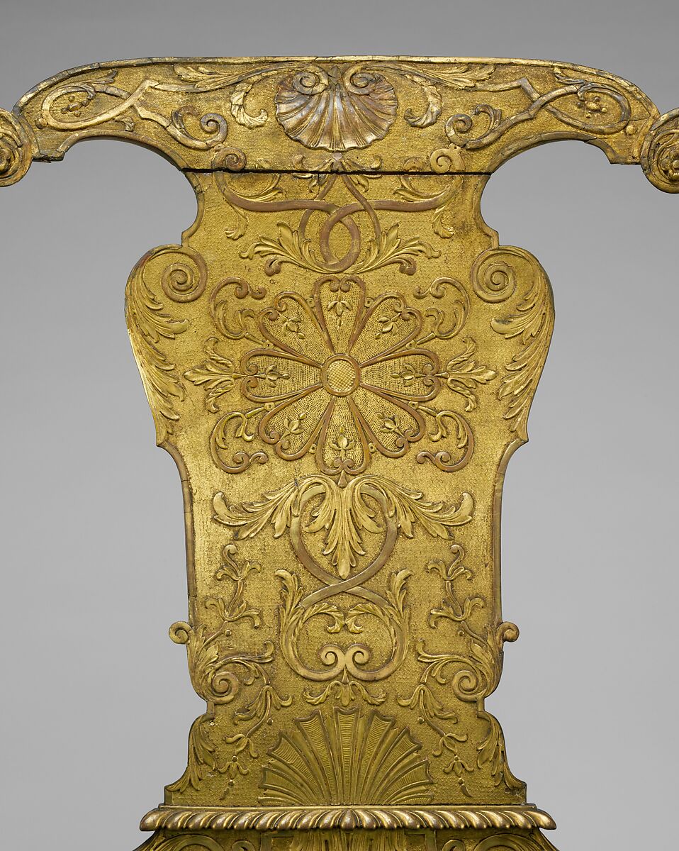 Settee, Possibly made by Benjamin Goodison (British, 1700–1767), Gilded gesso on walnut; previously covered in eighteenth-century blue silk damask not original to the settee, British