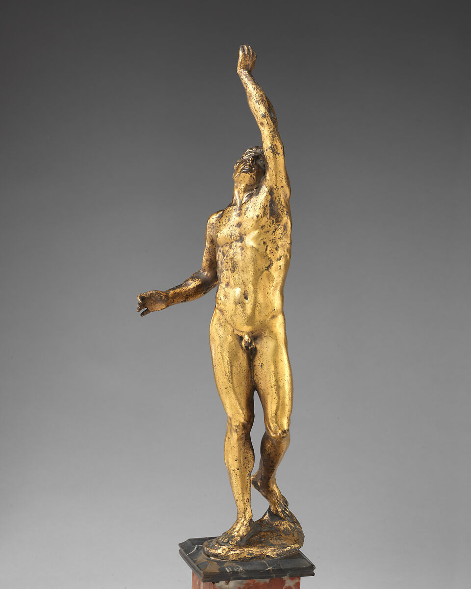 Man with Arm Raised, Gilt bronze, on marble base, possibly Italian, Venice