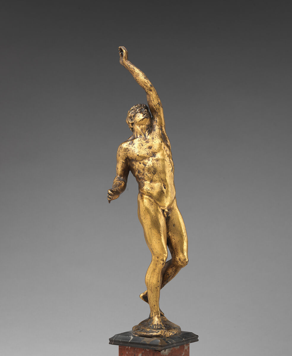 Man with Arm Raised, Gilt bronze, on marble base, possibly Italian, Venice 