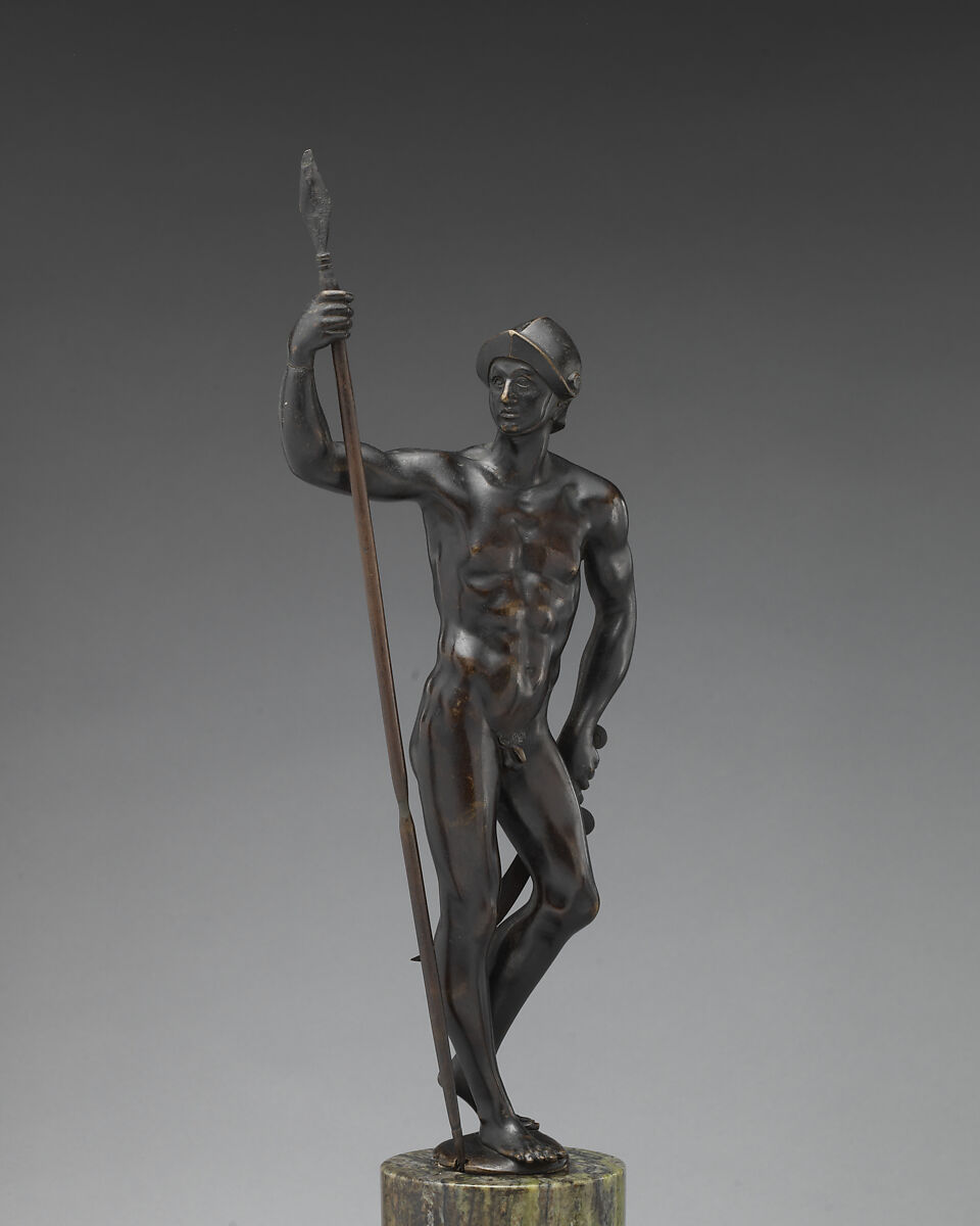 Nude Warrior with Helmet, Spear and Sword, Bronze, possibly Italian 