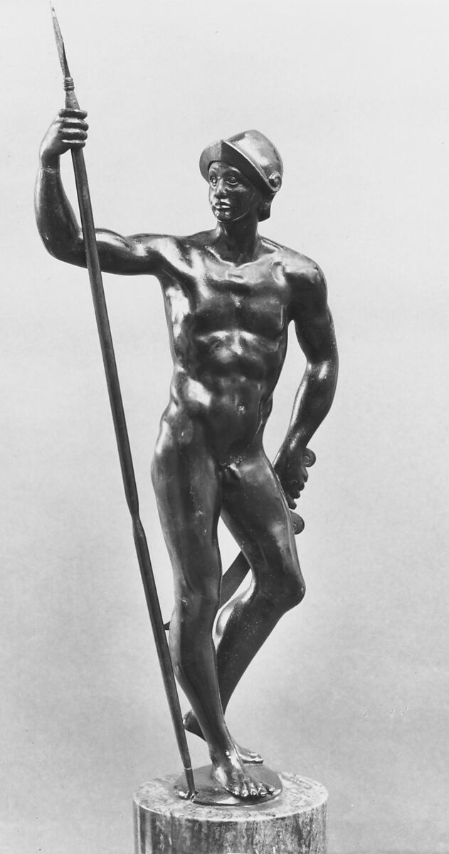 Nude Warrior with Helmet, Spear and Sword, Bronze, possibly Italian