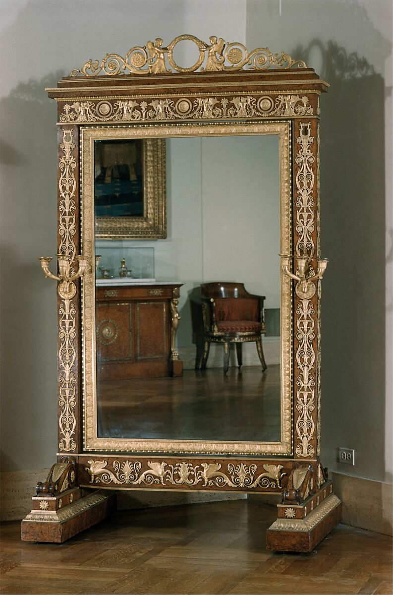 Cheval glass (psyché), Attributed to François-Honoré-Georges Jacob-Desmalter (French, 1770–1841), Amboyna veneered on oak; gilt-bronze mounts; glass, French, Paris 