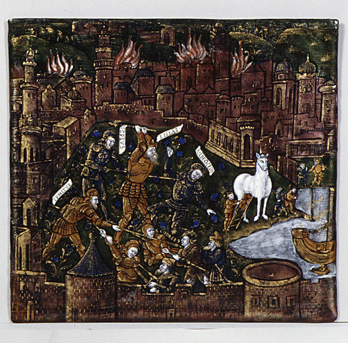 The Trojans Defend Their City; They Kill Androgeos (Aeneid, Book II), Master of the Aeneid (active ca. 1530–40), Painted enamel on copper, partly gilt, French, Limoges 