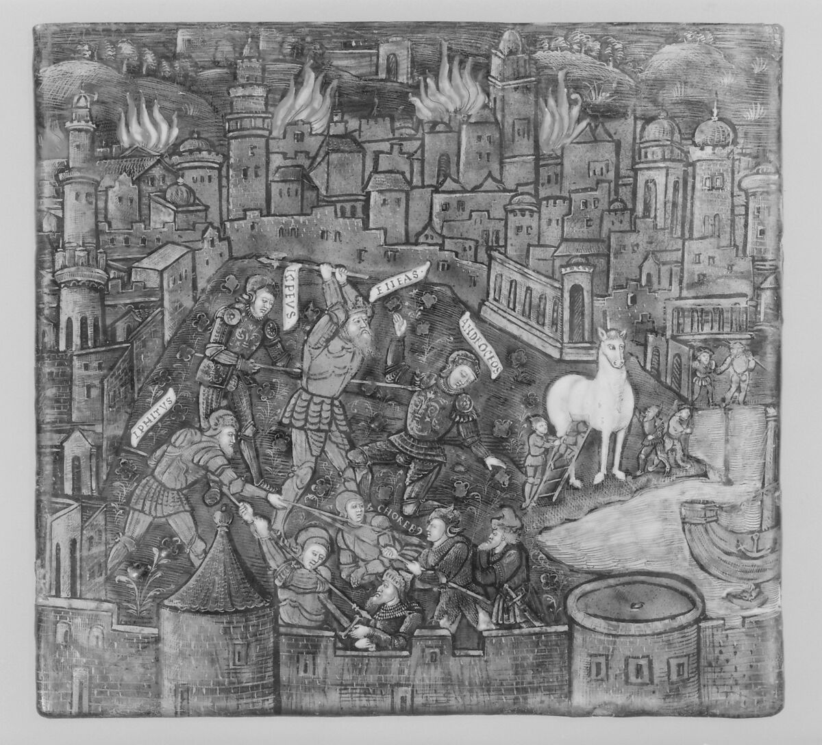 The Trojans Defend Their City; They Kill Androgeos (Aeneid, Book II), Master of the Aeneid (active ca. 1530–40), Painted enamel on copper, partly gilt, French, Limoges