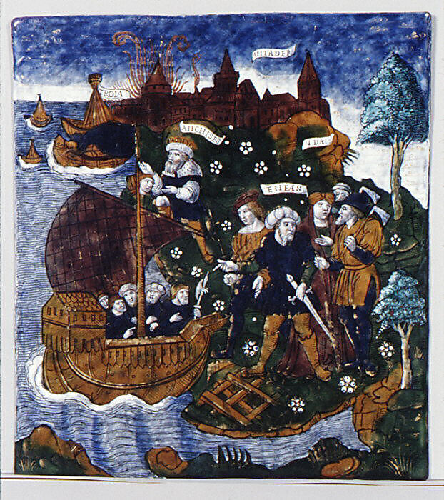 Aeneas Builds a Fleet Near Antandrus, at the Foot of Mount Ida (Aeneid, Book III), Master of the Aeneid (active ca. 1530–40), Painted enamel on copper, partly gilt, French, Limoges 