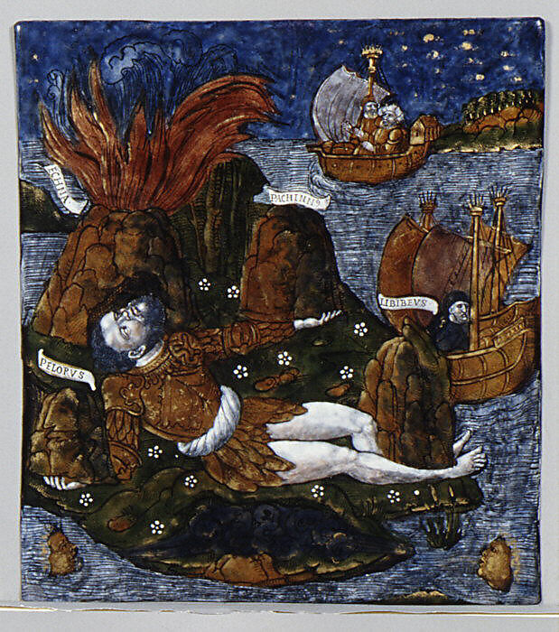 Trojans Land Near Mount Etna; Beneath Lies the Giant Enceladus (Aeneid, Book III), Master of the Aeneid (active ca. 1530–40), Painted enamel on copper, partly gilt, French, Limoges 