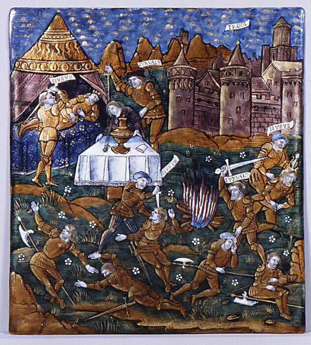 Nisus and Euryalus Surprise the Rutuli in their Camp (Aeneid, Book IX), Master of the Aeneid (active ca. 1530–40), Painted enamel on copper, partly gilt, French, Limoges 
