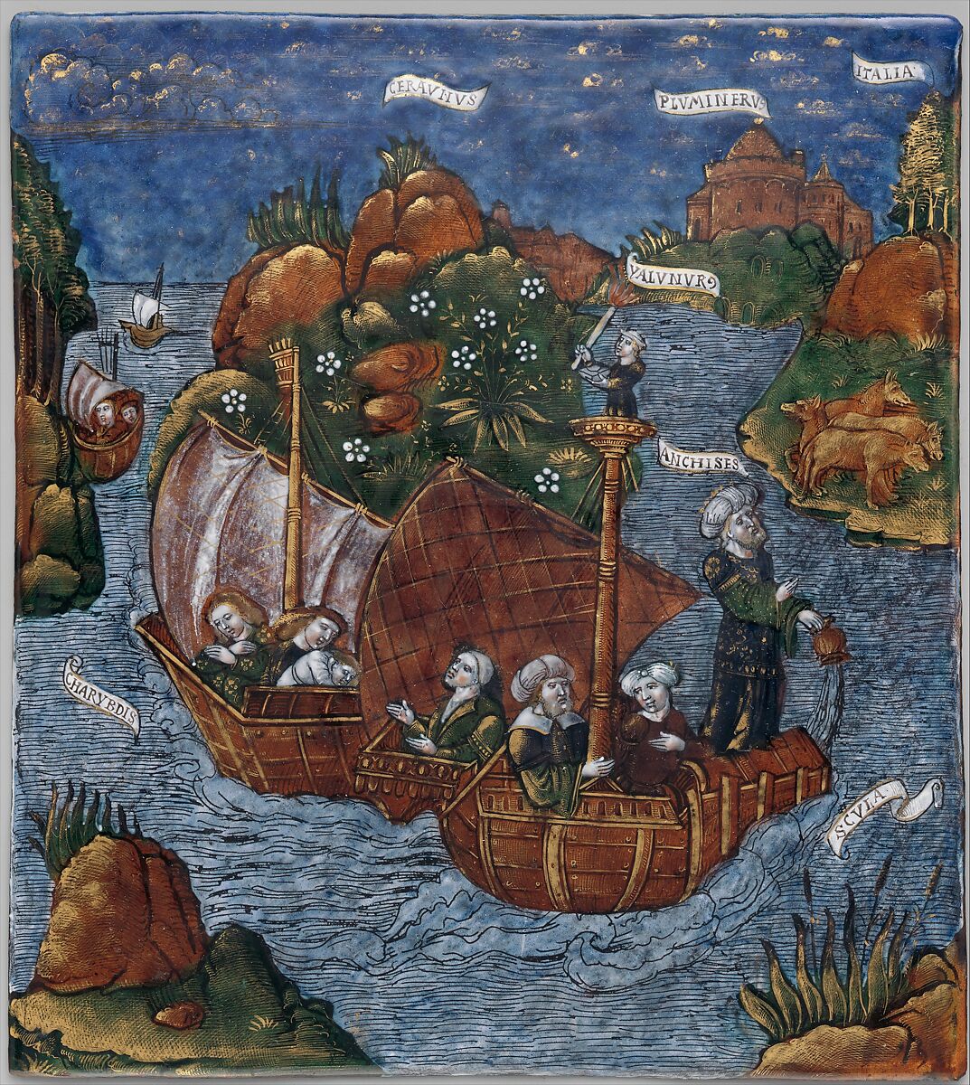 The Fleet of Aeneas Arrives in Sight of Italy (Aeneid, Book III), Master of the Aeneid (active ca. 1530–40), Painted enamel on copper, partly gilt, French, Limoges 
