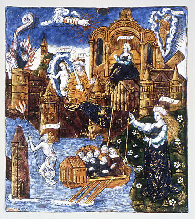 The Fall of Troy; Helen Takes Refuge in the Sanctuary of Vesta; Venus Counsels Aeneas; Juno Encourages the Greeks (Aeneid, Book II), Master of the Aeneid (active ca. 1530–40), Painted enamel on copper, partly gilt, French, Limoges 