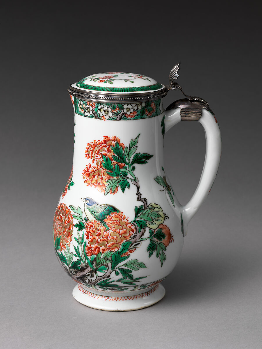 Jug, Paul Le Riche  French, Hard-paste porcelain with colored enamels over a transparent glaze (Jingdezhen ware), silver mounts, Chinese, for French market