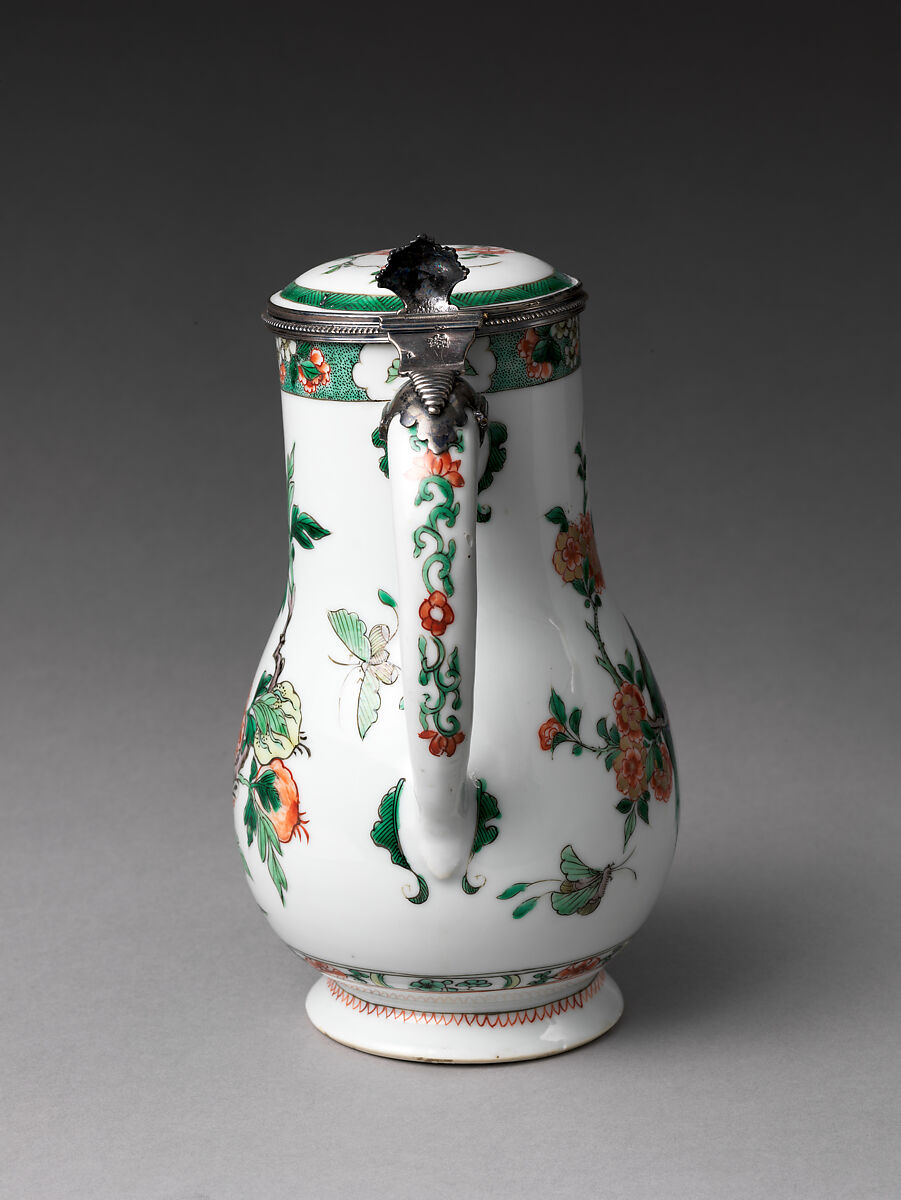 Jug, Mounts by Paul Le Riche (French, master 1686, active 1738), Hard-paste porcelain with colored enamels over a transparent glaze (Jingdezhen ware), silver mounts, Chinese, for French market
