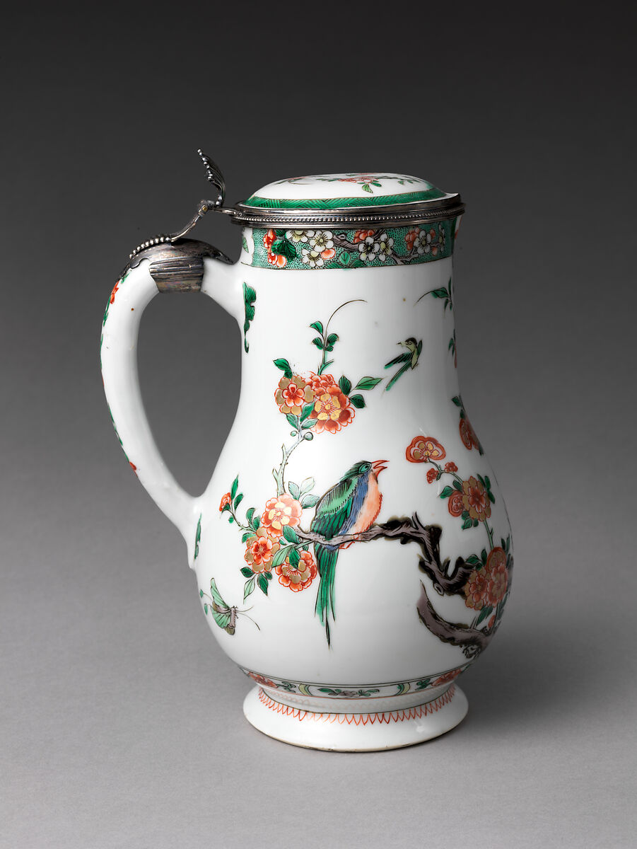Jug, Mounts by Paul Le Riche (French, master 1686, active 1738), Hard-paste porcelain with colored enamels over a transparent glaze (Jingdezhen ware), silver mounts, Chinese, for French market