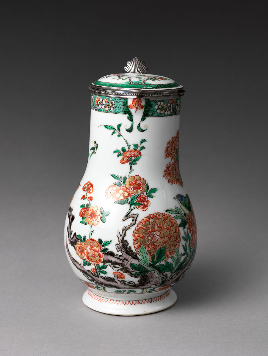 Jug, Mounts by Paul Le Riche (French, master 1686, active 1738), Hard-paste porcelain with colored enamels over a transparent glaze (Jingdezhen ware), silver mounts, Chinese, for French market