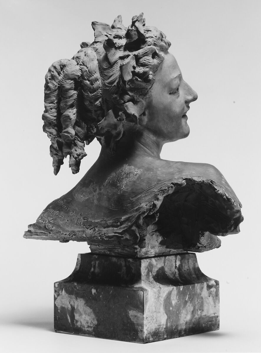 Bacchante with vine leaves, Jean-Baptiste Carpeaux (French, Valenciennes 1827–1875 Courbevoie), Terracotta; marble base, French