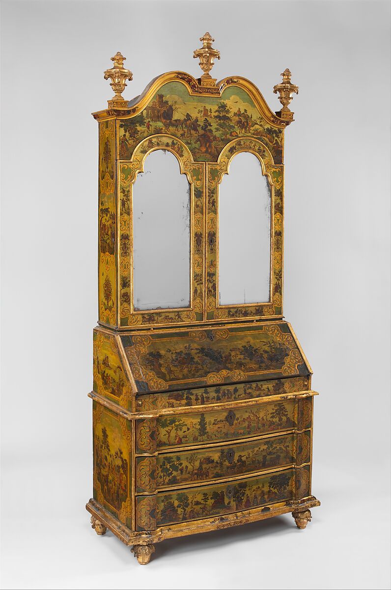 Desk (Secretary), Pine; carved, painted, gilded, and varnished linden wood decorated with colored decoupage prints; mirror glass; the inside of the fall front lined with silk not original to the secretary, Italian, Venice 