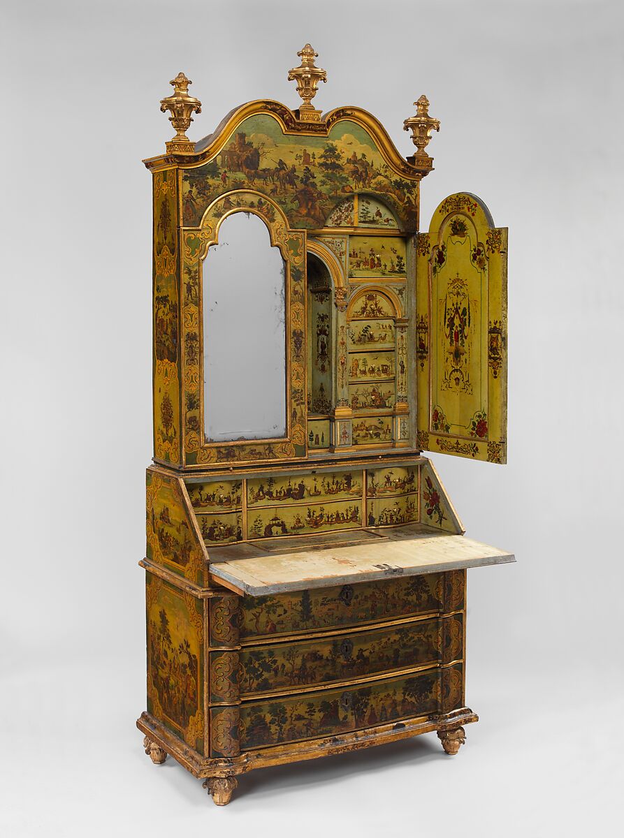 Desk (Secretary), Pine; carved, painted, gilded, and varnished linden wood decorated with colored decoupage prints; mirror glass; the inside of the fall front lined with silk not original to the secretary, Italian, Venice