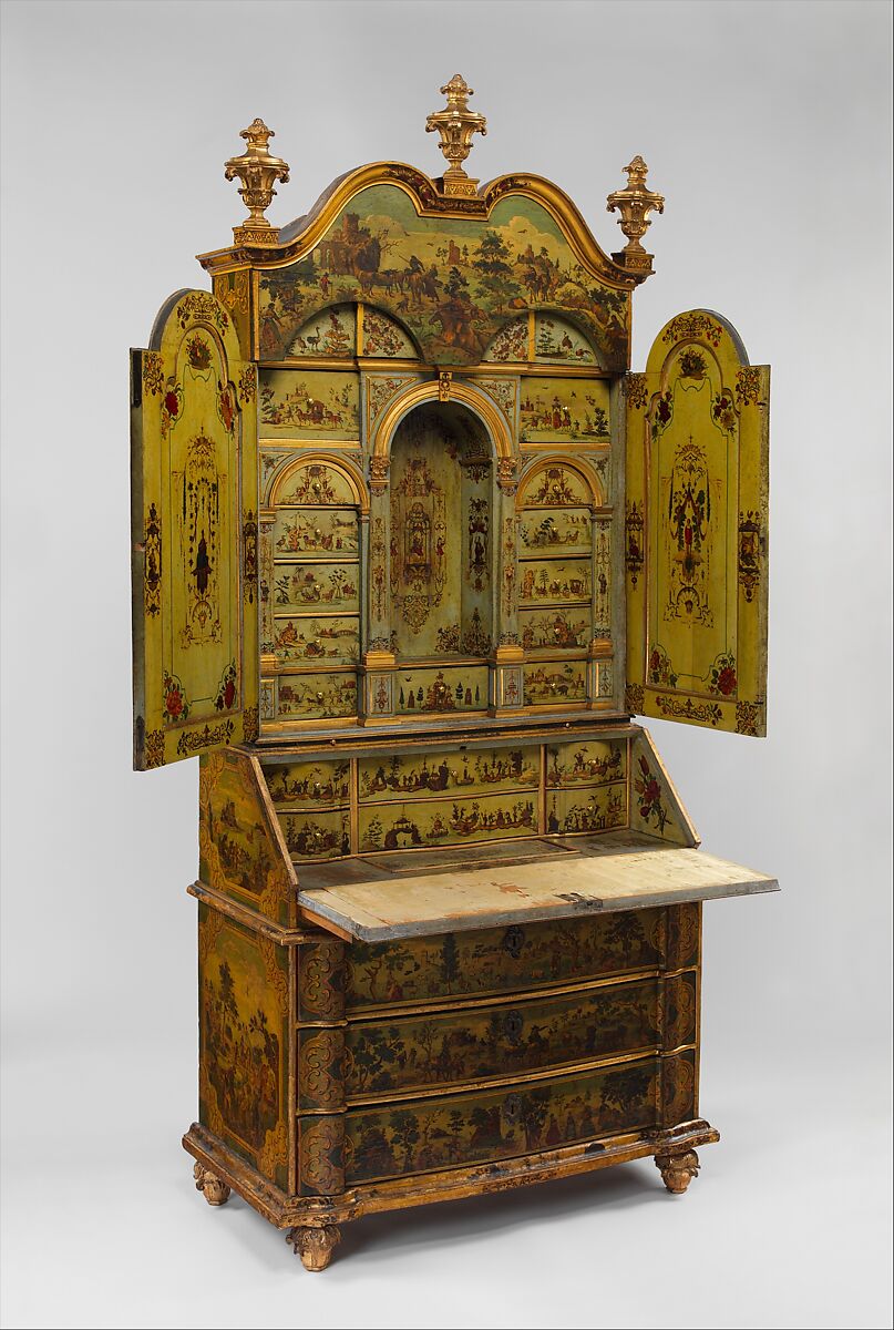 Desk (Secretary), Pine; carved, painted, gilded, and varnished linden wood decorated with colored decoupage prints; mirror glass; the inside of the fall front lined with silk not original to the secretary, Italian, Venice