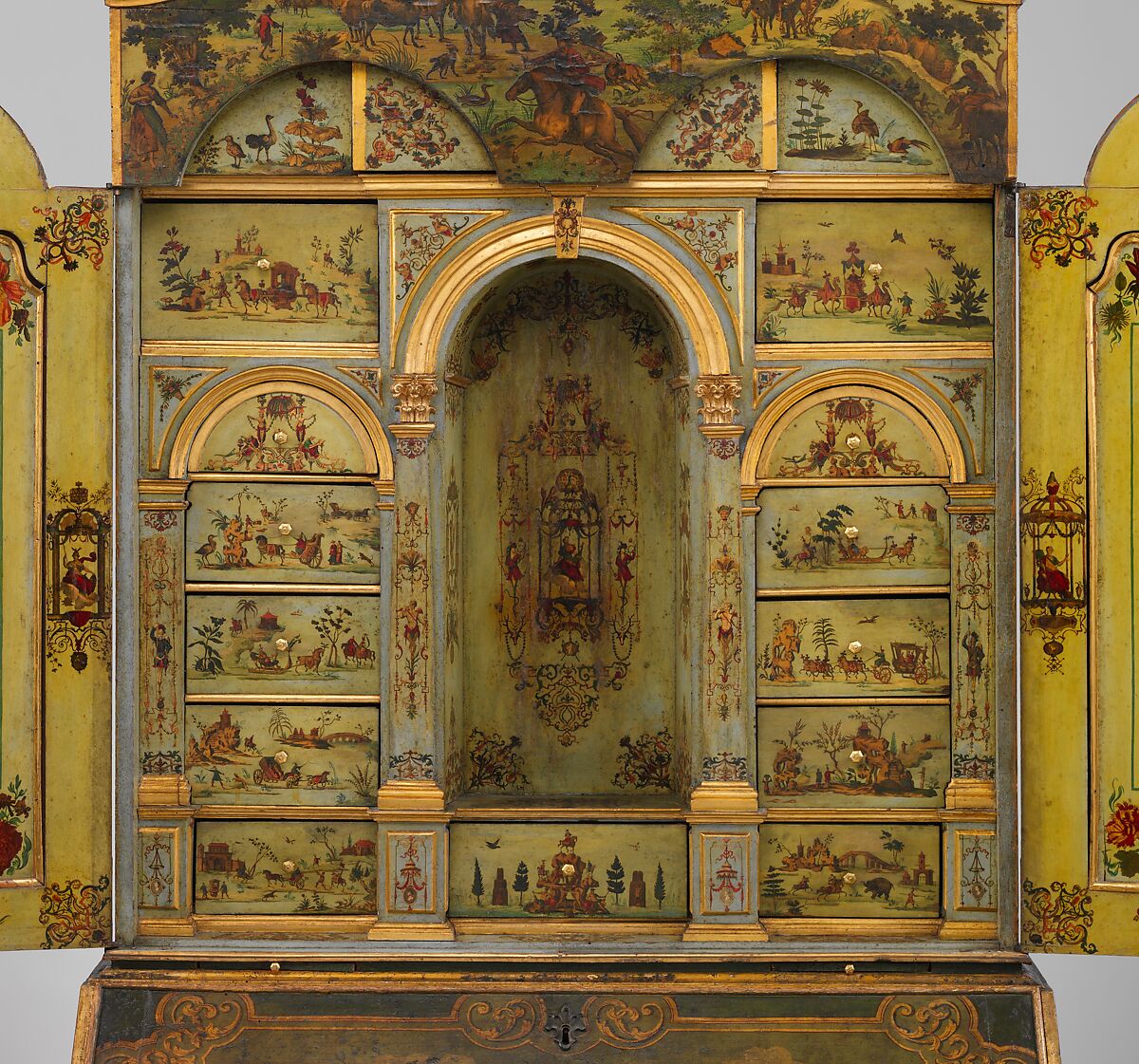 Desk (Secretary), Pine; carved, painted, gilded, and varnished linden wood decorated with colored decoupage prints; mirror glass; the inside of the fall front lined with silk not original to the secretary, Italian, Venice