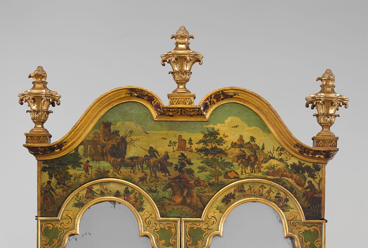 Desk (Secretary), Pine; carved, painted, gilded, and varnished linden wood decorated with colored decoupage prints; mirror glass; the inside of the fall front lined with silk not original to the secretary, Italian, Venice