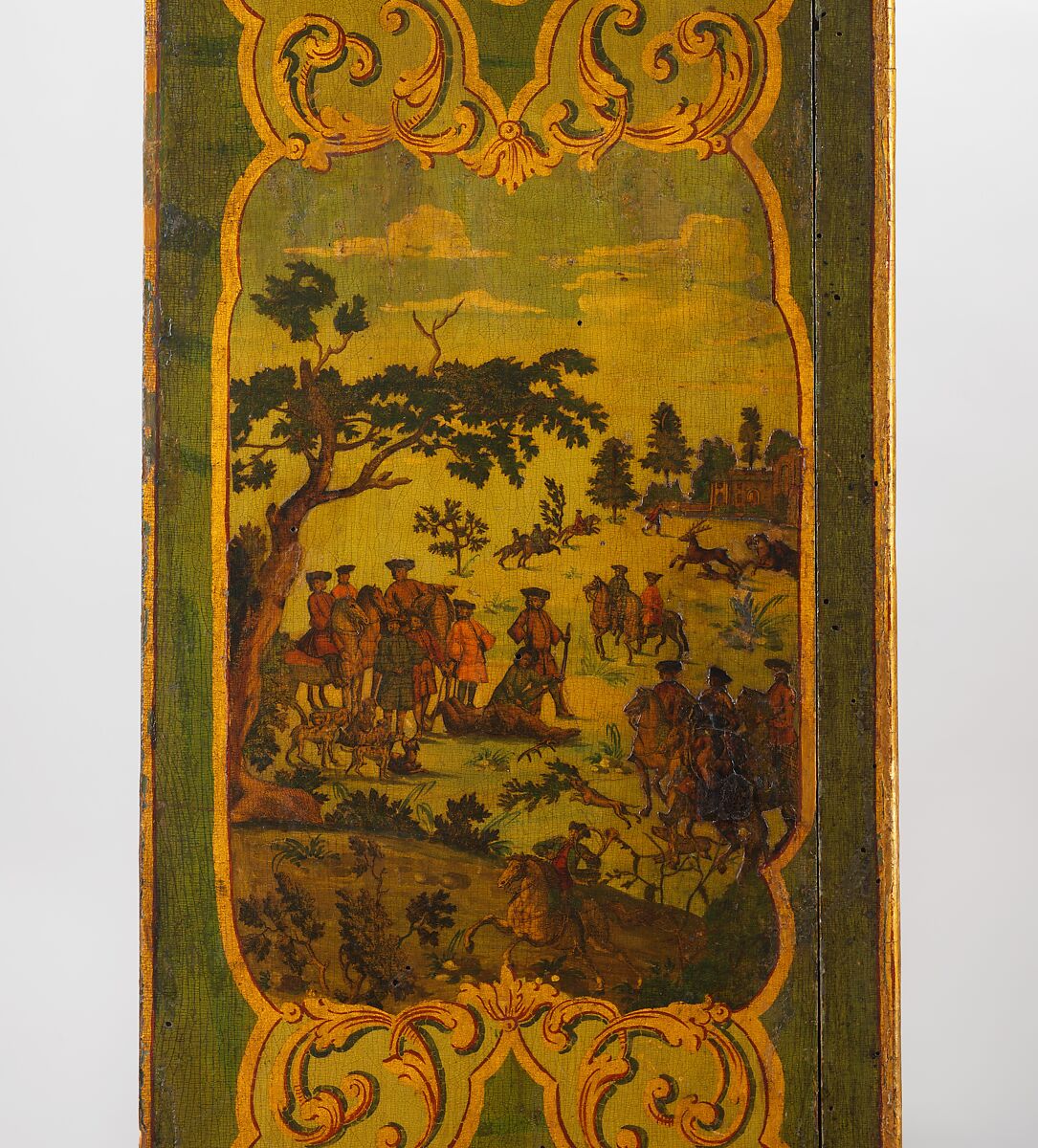 Desk (Secretary), Pine; carved, painted, gilded, and varnished linden wood decorated with colored decoupage prints; mirror glass; the inside of the fall front lined with silk not original to the secretary, Italian, Venice