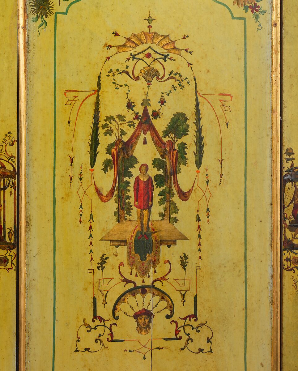 Desk (Secretary), Pine; carved, painted, gilded, and varnished linden wood decorated with colored decoupage prints; mirror glass; the inside of the fall front lined with silk not original to the secretary, Italian, Venice